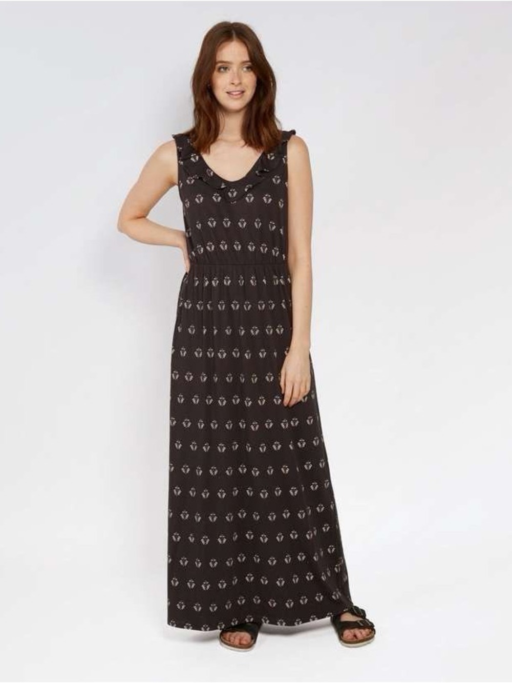 Fat Face Sleeveless Tank Tie Back Ruffle Grey Black Maxi Dress 8